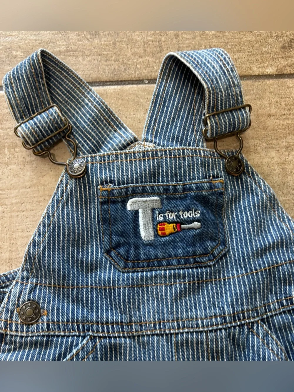 Vintage Y2K Small Steps Overalls Striped Denim “T is For Tools” size 12 month